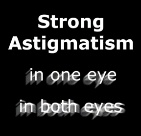 Recreation of dark mode showing the effects of strong astigmatism in one eye and in both eyes.